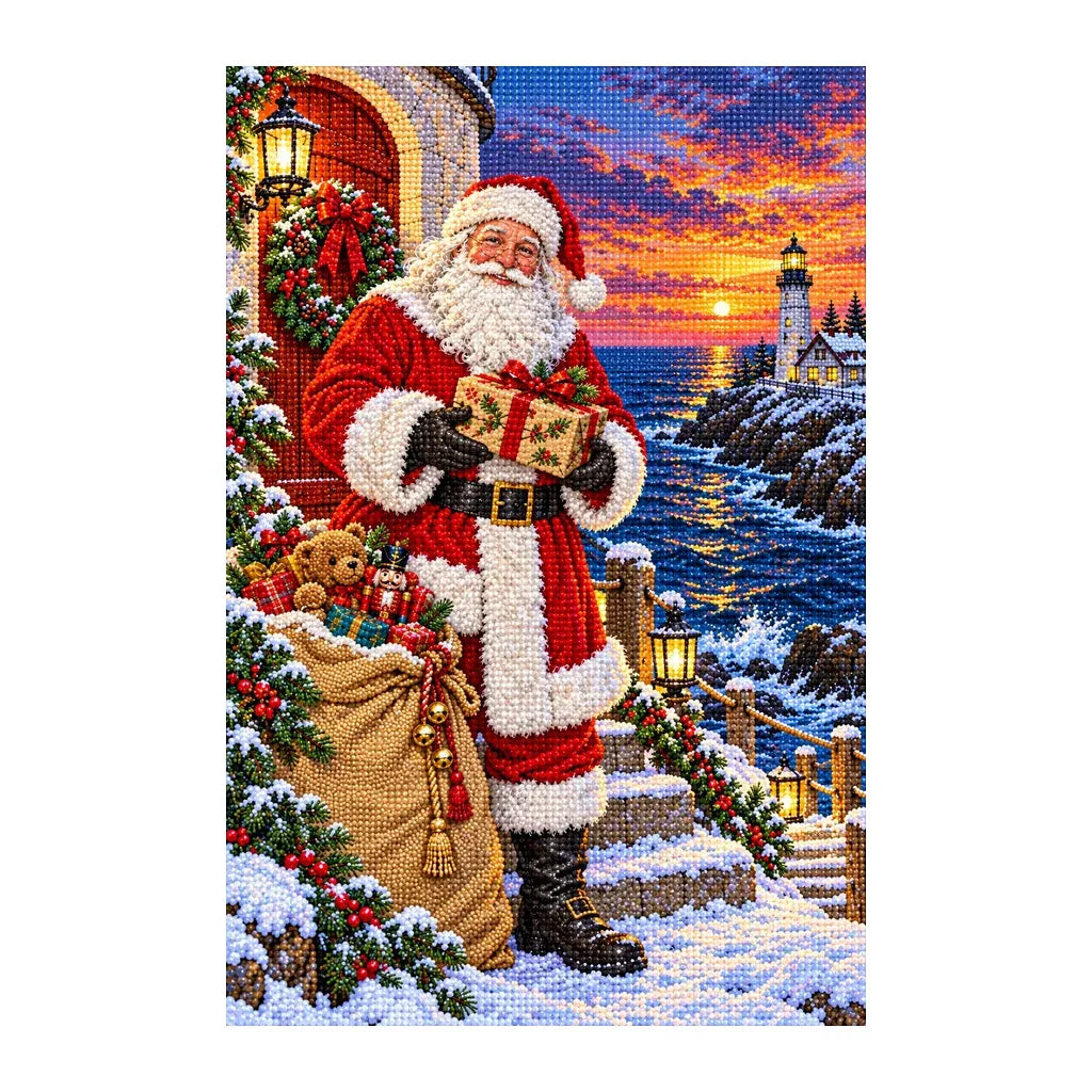 Finished diamond painting of Santa delivering a gift beside a lighthouse at sunset