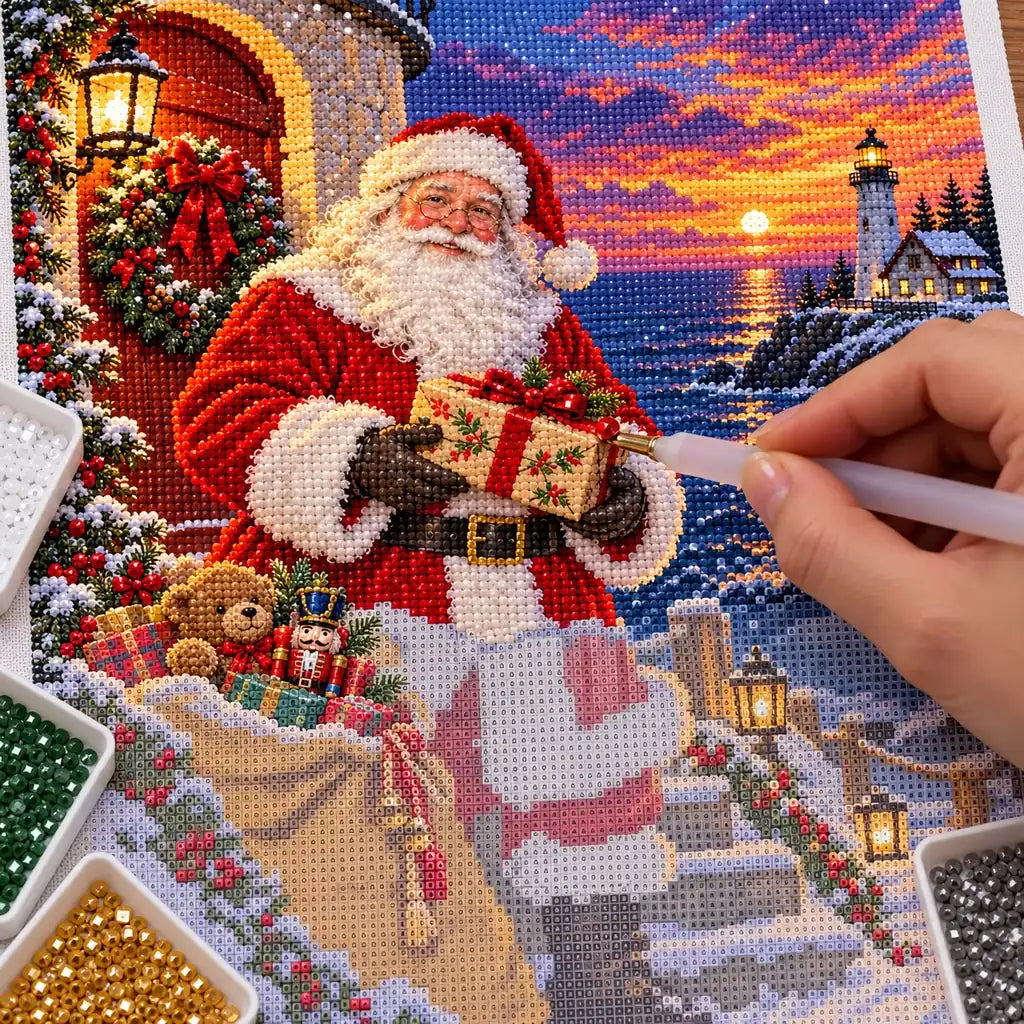 Hand placing diamond drills on the Santa lighthouse delivery canvas