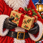 Close-up of diamond drills forming Santa's gift and the snowy lighthouse scene