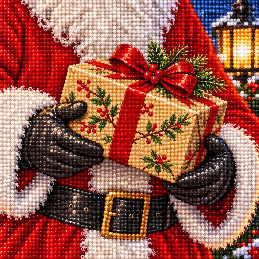 Close-up of diamond drills forming Santa's gift and the snowy lighthouse scene