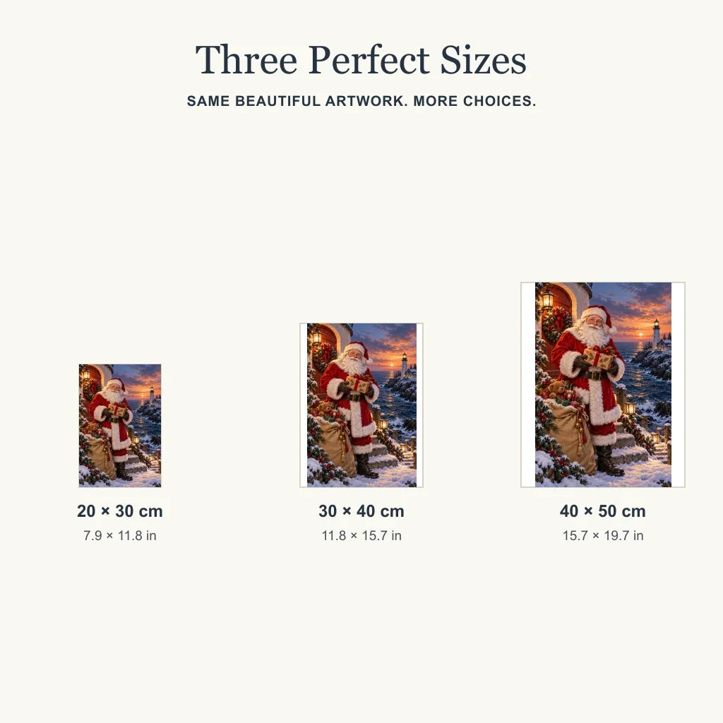 Portrait size guide for the Santa lighthouse delivery design: 20 × 30, 30 × 40, and 40 × 50 cm