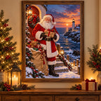 Framed Santa lighthouse delivery diamond painting displayed in a decorated living room