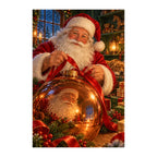 Original illustration of Santa holding a golden Christmas ornament that reflects a decorated room, on a white background