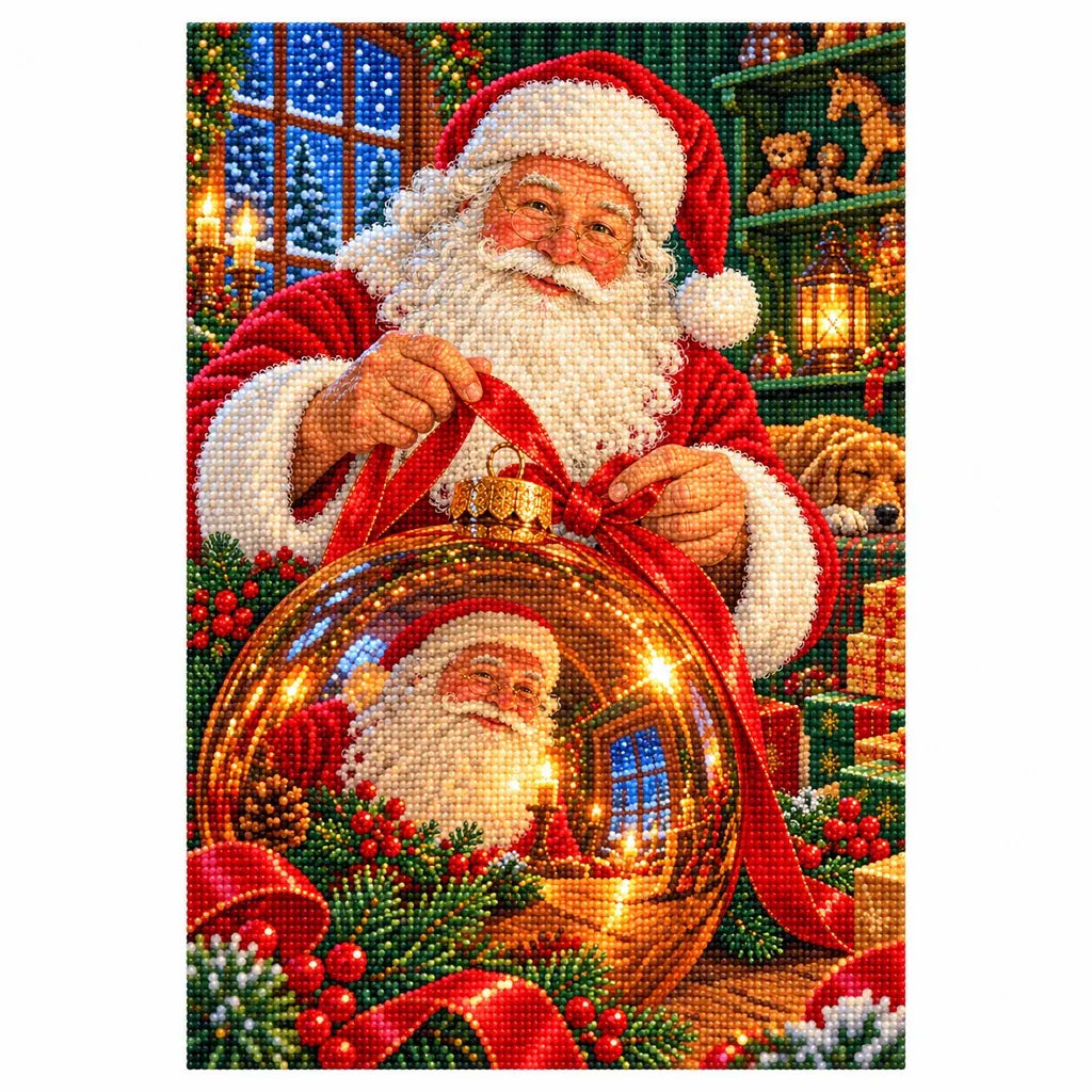 Finished diamond painting of Santa with a reflective golden Christmas ornament