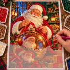 Hand placing diamond drills on the Santa and golden ornament canvas