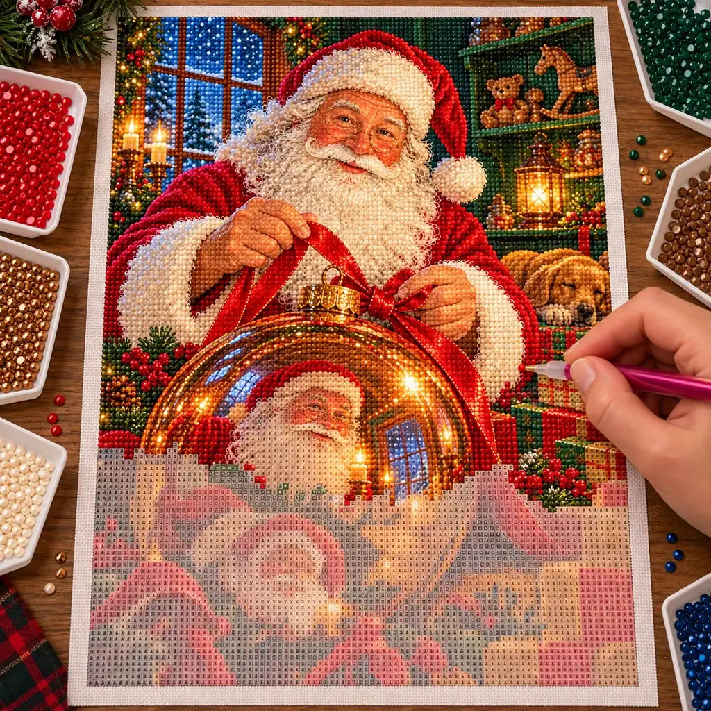 Hand placing diamond drills on the Santa and golden ornament canvas