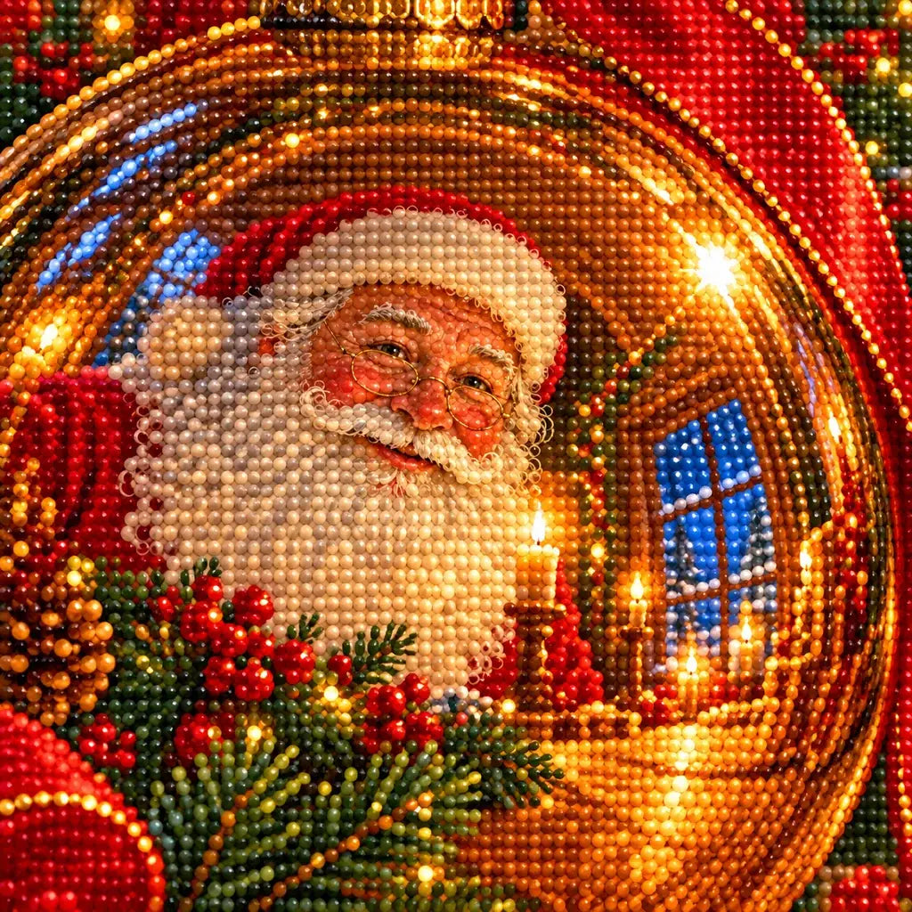 Close-up of diamond drills forming the bauble reflection and Santa's face