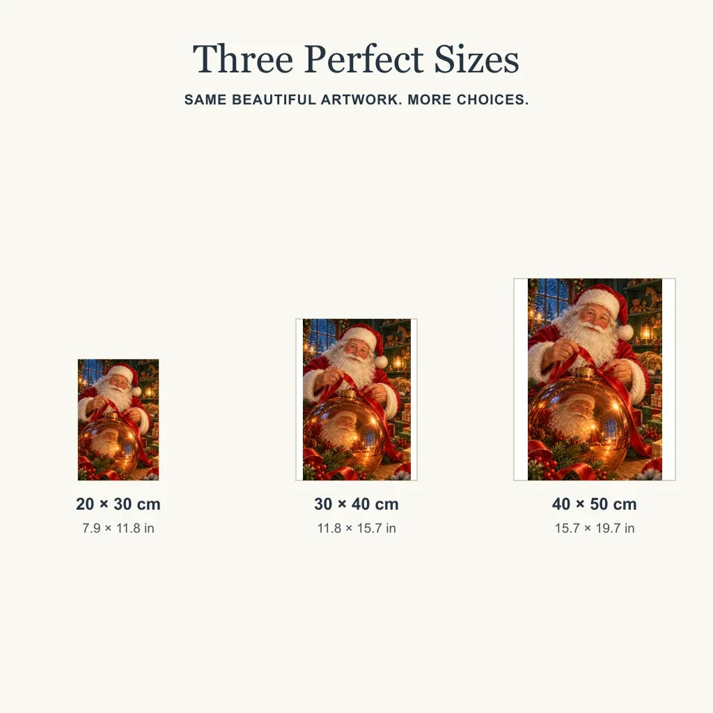 Portrait size guide for the Santa golden ornament design: 20 × 30, 30 × 40, and 40 × 50 cm
