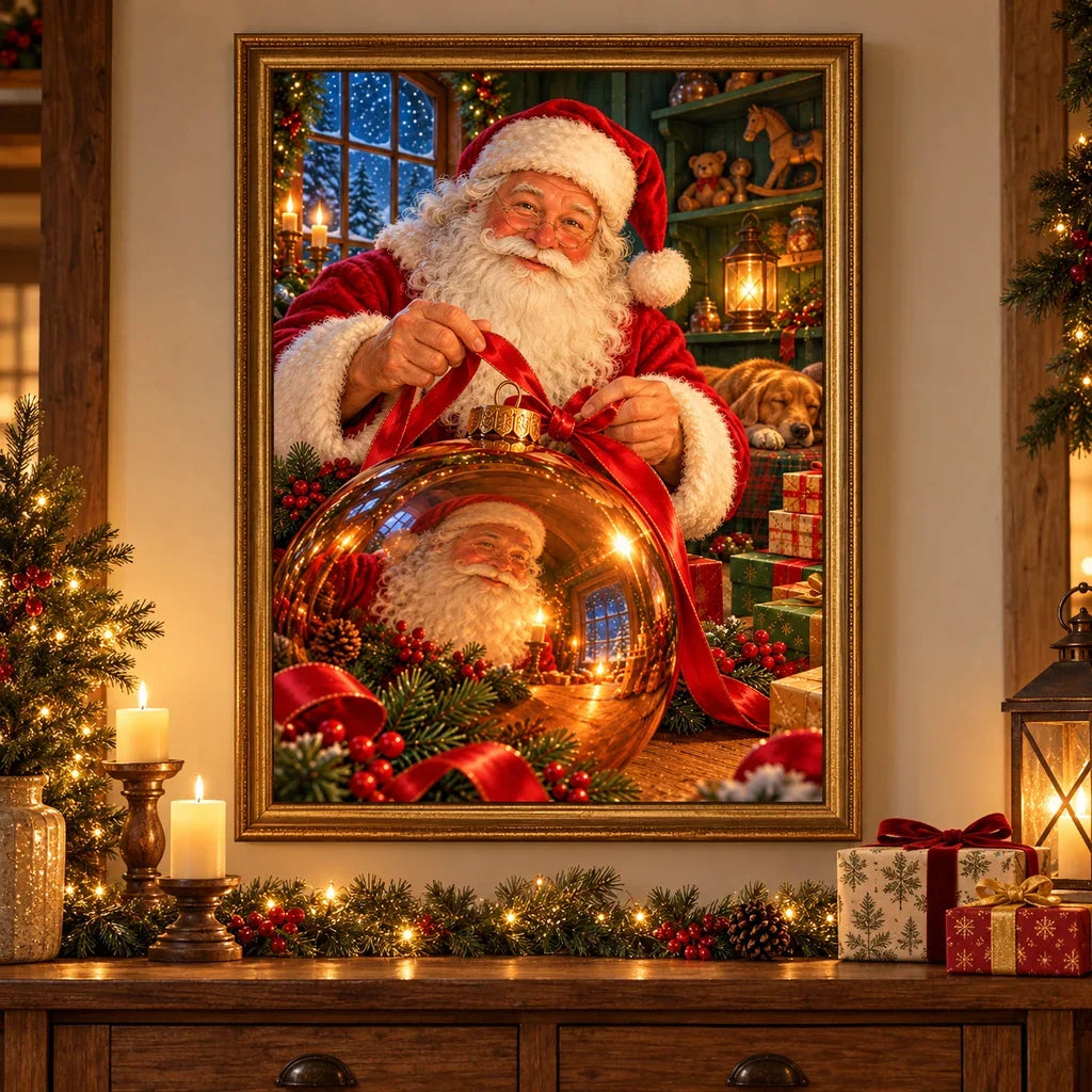 Framed Santa and golden Christmas ornament diamond painting displayed in a festive room