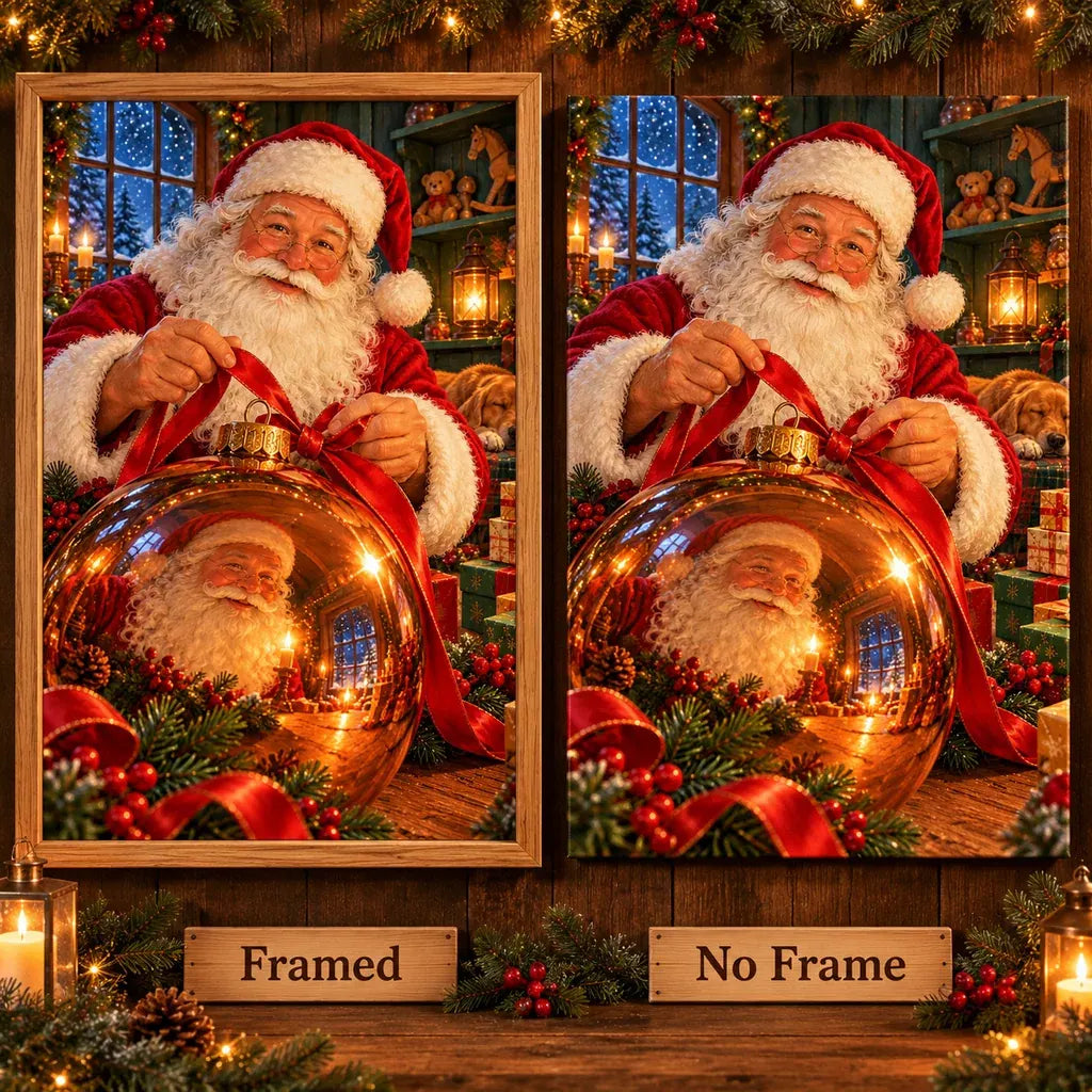 Framed and no-frame comparison for the Santa golden Christmas ornament design