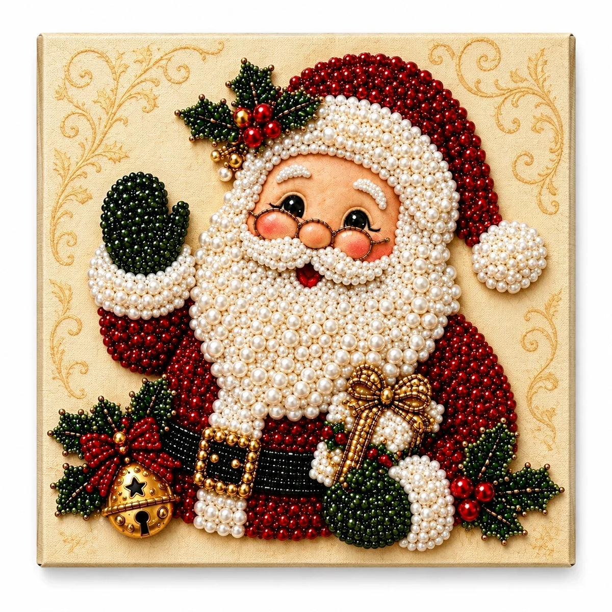 Santa portrait pearl diamond painting — finished design on white background; illustrative DIY result