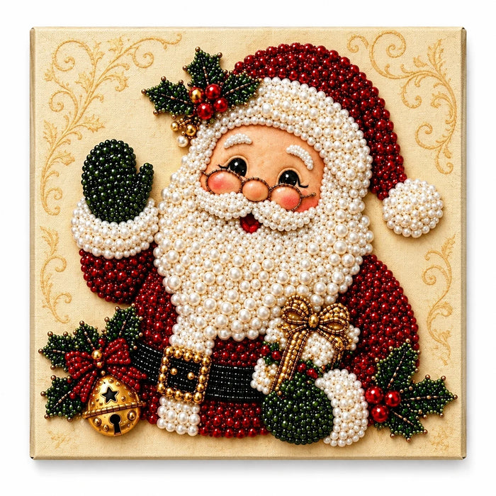 Santa portrait pearl diamond painting — finished design on white background; illustrative DIY result