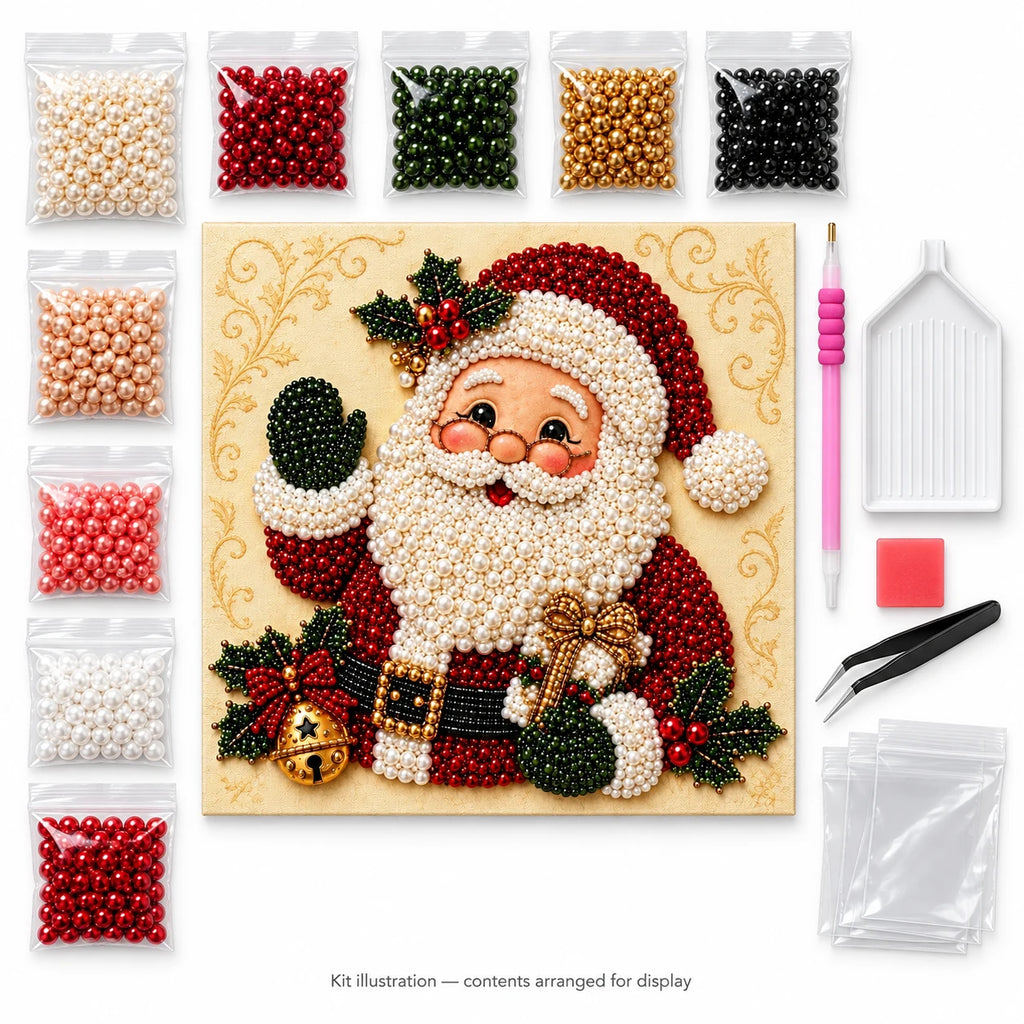 Santa portrait pearl diamond painting — illustrated canvas, matching pearls and placement tools