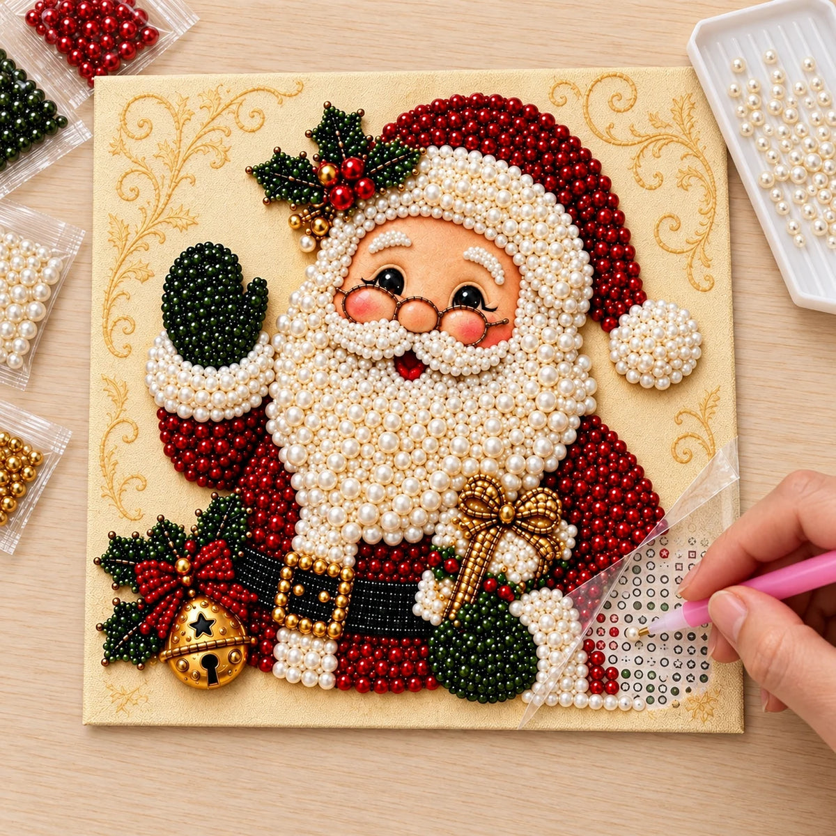 Santa portrait pearl diamond painting — pearl placement process illustration
