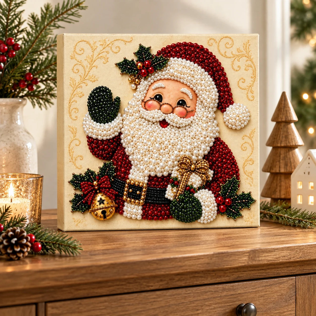 Santa portrait pearl diamond painting — finished-art room display illustration; props excluded