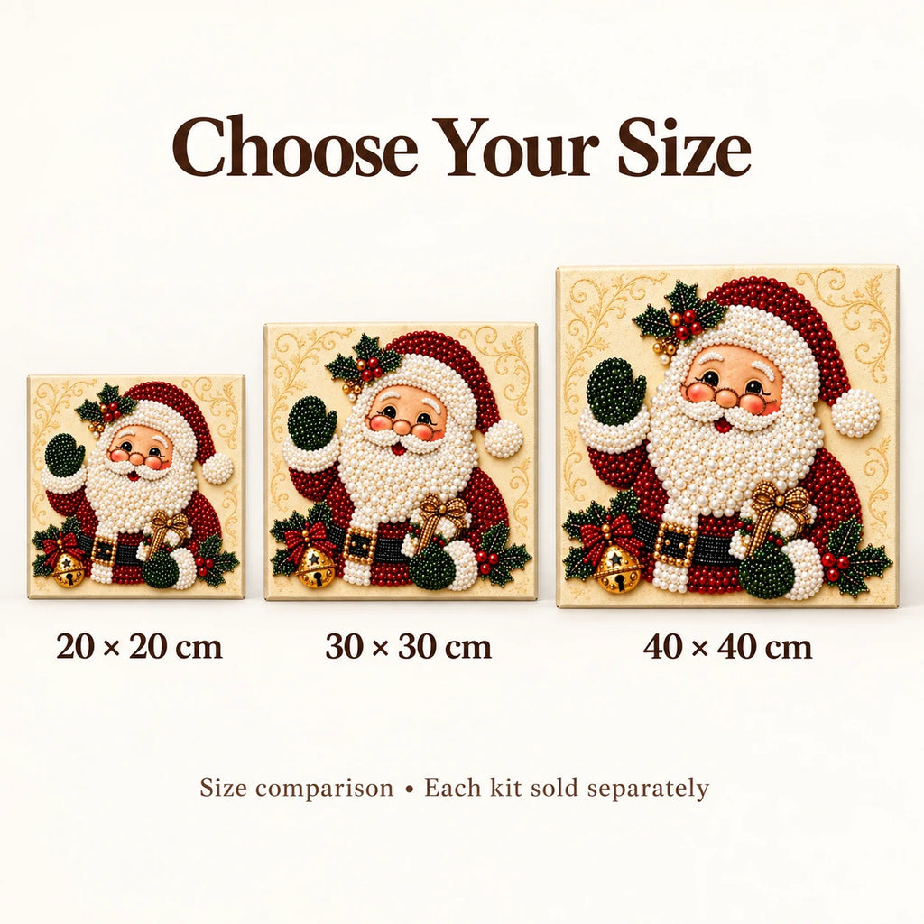 Santa portrait pearl diamond painting — 20, 30 and 40 cm size comparison; each kit sold separately