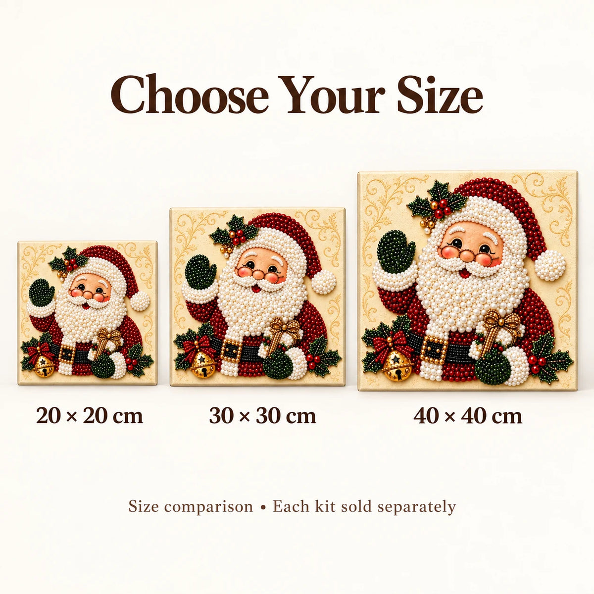 Santa portrait pearl diamond painting — 20, 30 and 40 cm size comparison; each kit sold separately