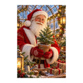 Original artwork of Santa in a pine greenhouse with a basket of red berries.