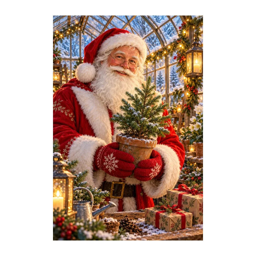 Original artwork of Santa in a pine greenhouse with a basket of red berries.