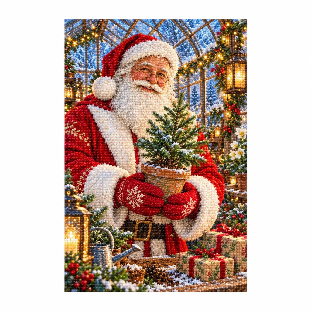 Completed diamond painting of Santa among festive pine trees in a greenhouse.