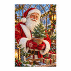 Completed diamond painting of Santa among festive pine trees in a greenhouse.