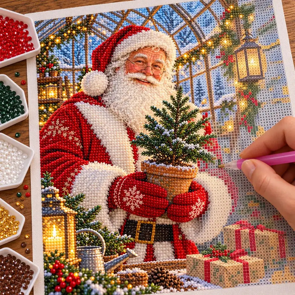 Hands placing drills on the Santa pine greenhouse diamond painting canvas.