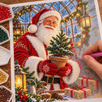 Hands placing drills on the Santa pine greenhouse diamond painting canvas.