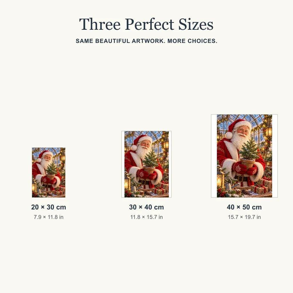 Size guide for the Santa pine greenhouse design in three portrait sizes.