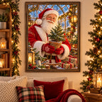 Framed Santa pine greenhouse diamond painting displayed in a Christmas home setting.