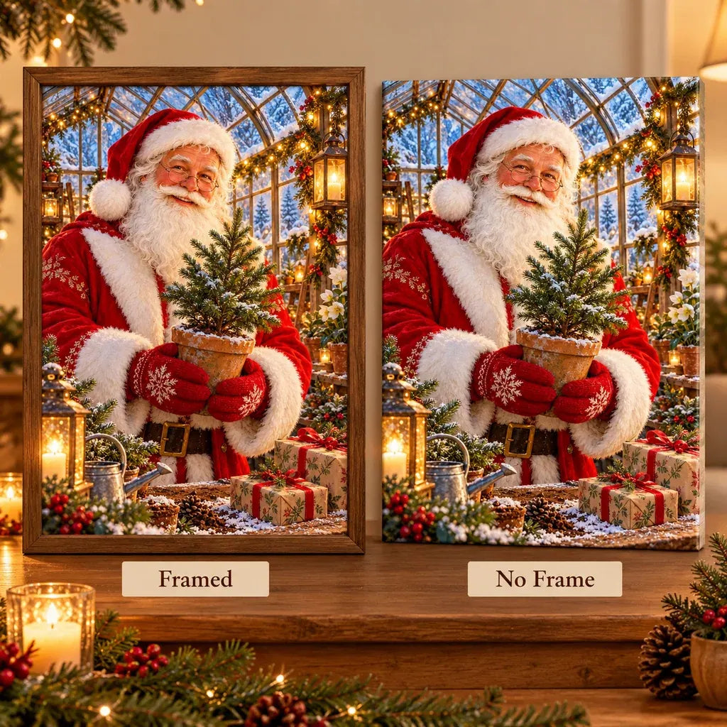 Framed and no-frame options for the Santa pine greenhouse diamond painting.
