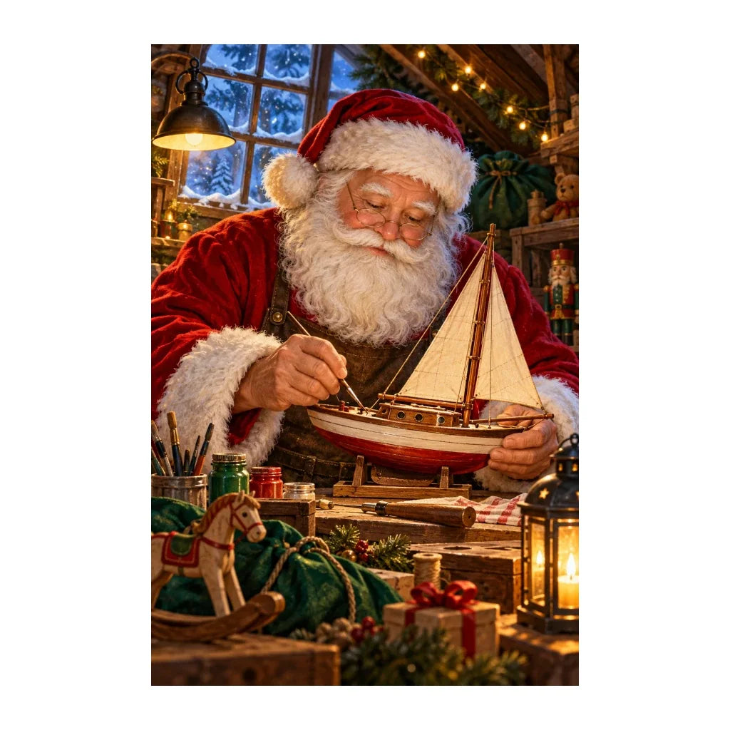 Original artwork of Santa working on a toy sailboat in a Christmas workshop.