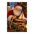 Original artwork of Santa working on a toy sailboat in a Christmas workshop.