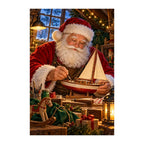 Original artwork of Santa working on a toy sailboat in a Christmas workshop.