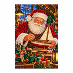 Completed diamond painting of Santa crafting a toy sailboat.
