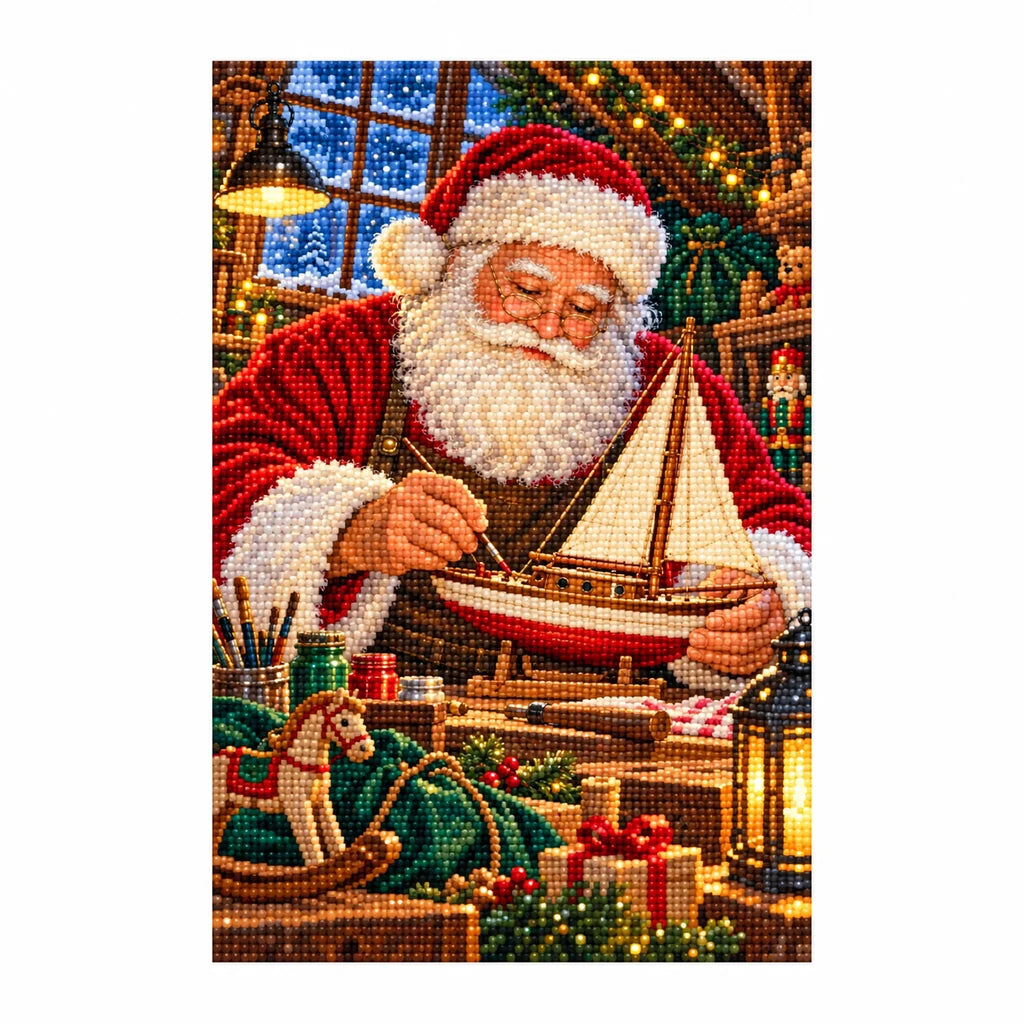 Completed diamond painting of Santa crafting a toy sailboat.