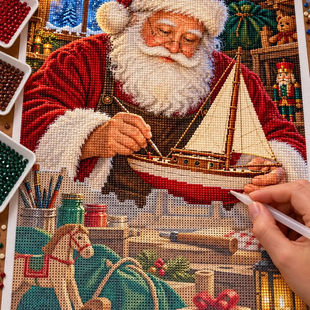Hands placing drills on the Santa toy sailboat diamond painting canvas.