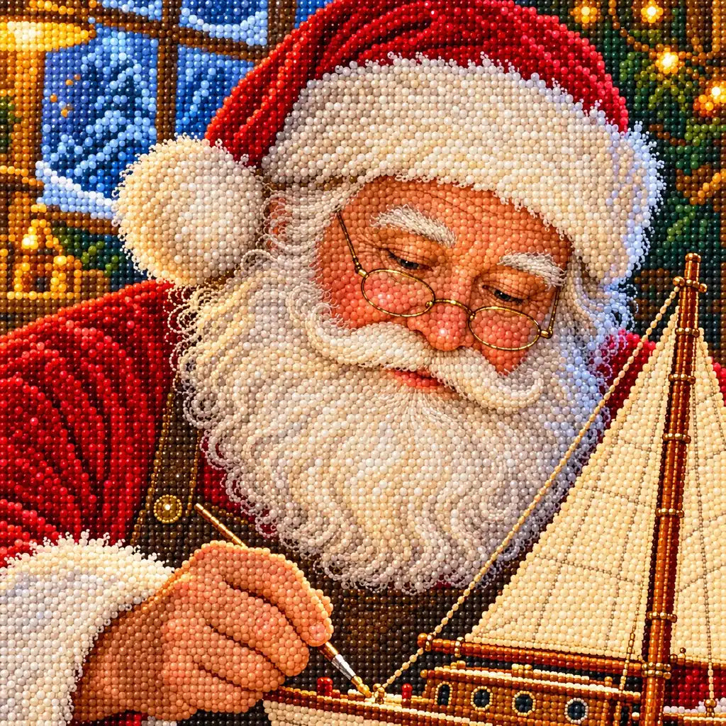 Close-up of the diamond drills in Santa's face and toy sailboat.