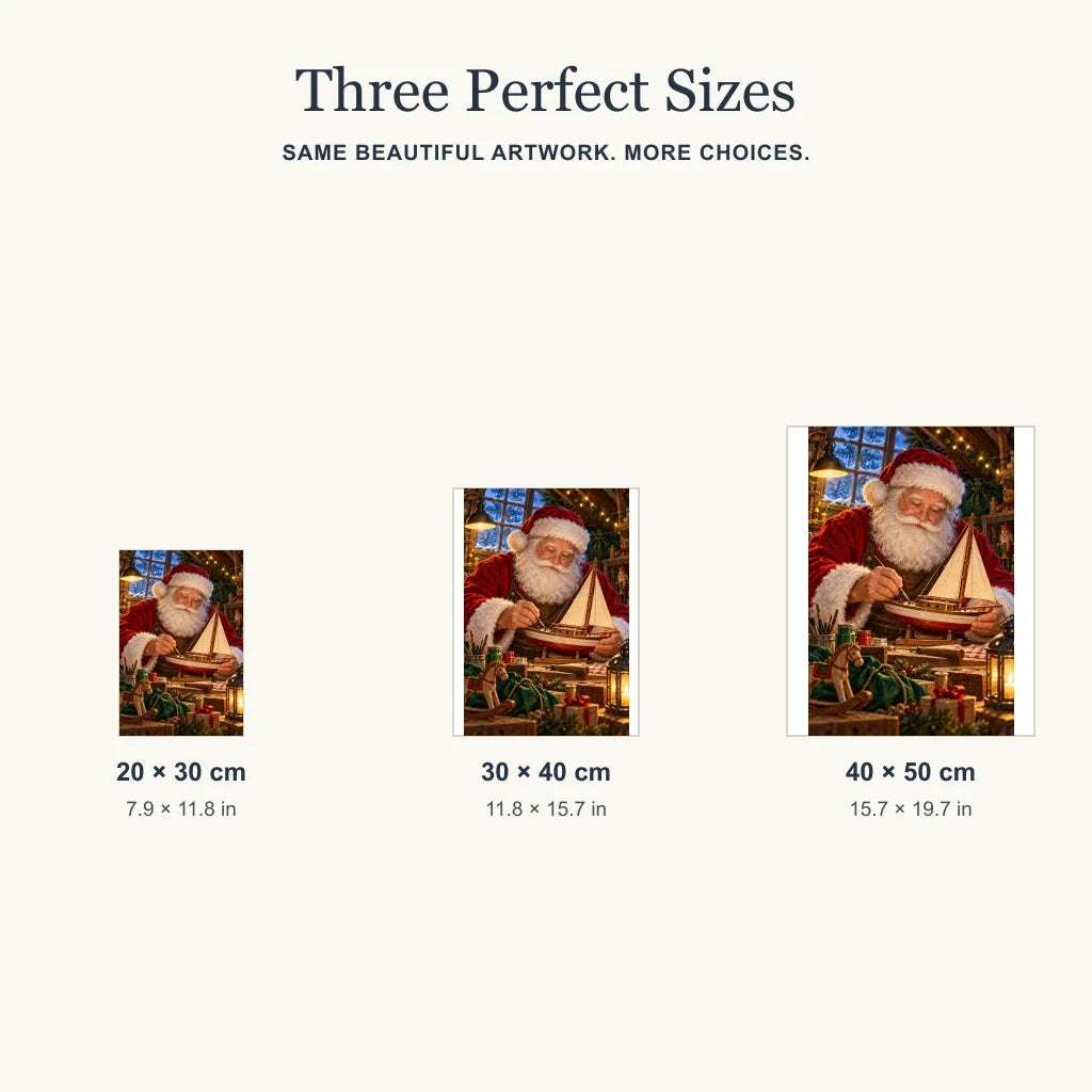 Size guide for the Santa toy sailboat design in three portrait sizes.