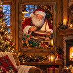 Framed Santa toy sailboat diamond painting displayed in a Christmas home setting.