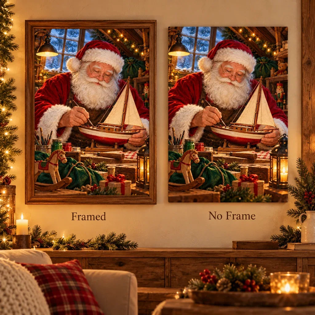 Framed and no-frame options for the Santa toy sailboat diamond painting.