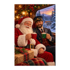 Original artwork of Santa sharing cocoa with a train conductor aboard a Christmas train.