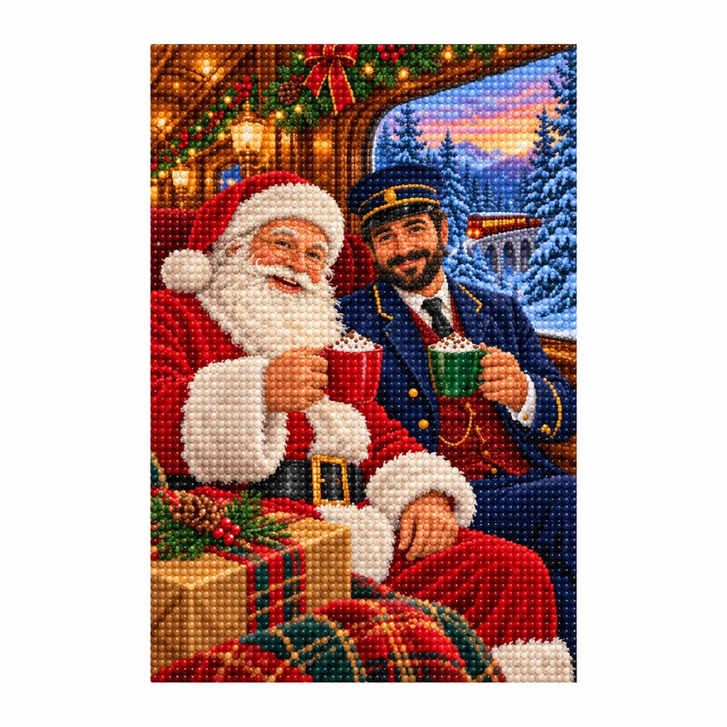 Completed diamond painting of Santa and a train conductor sharing cocoa.