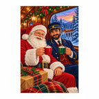 Completed diamond painting of Santa and a train conductor sharing cocoa.