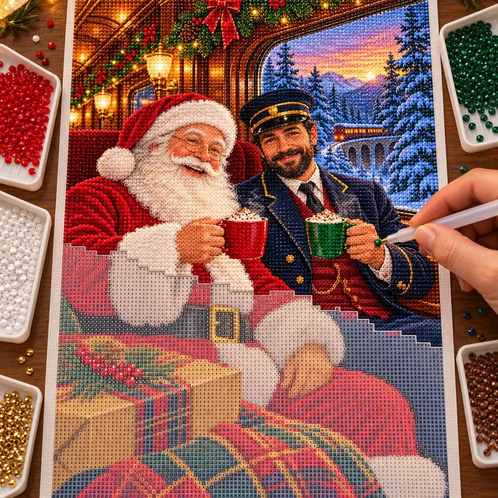 Hands placing drills on the Santa Christmas train diamond painting canvas.