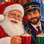 Close-up of the diamond drills on Santa, the conductor, and their cocoa mugs.