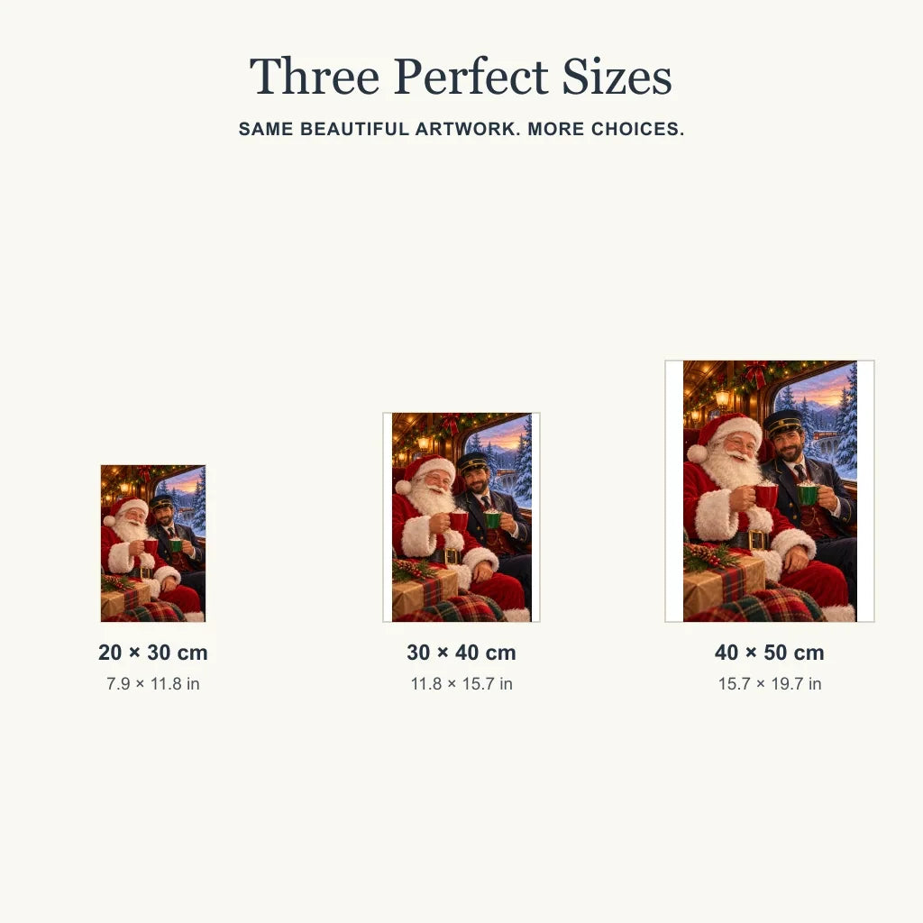 Size guide for the Santa Christmas train design in three portrait sizes.