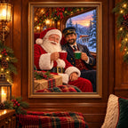 Framed Santa Christmas train diamond painting displayed in a festive home.