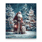 Santa and White Wolf in Snow paint by numbers artwork on a front-facing canvas against a white background