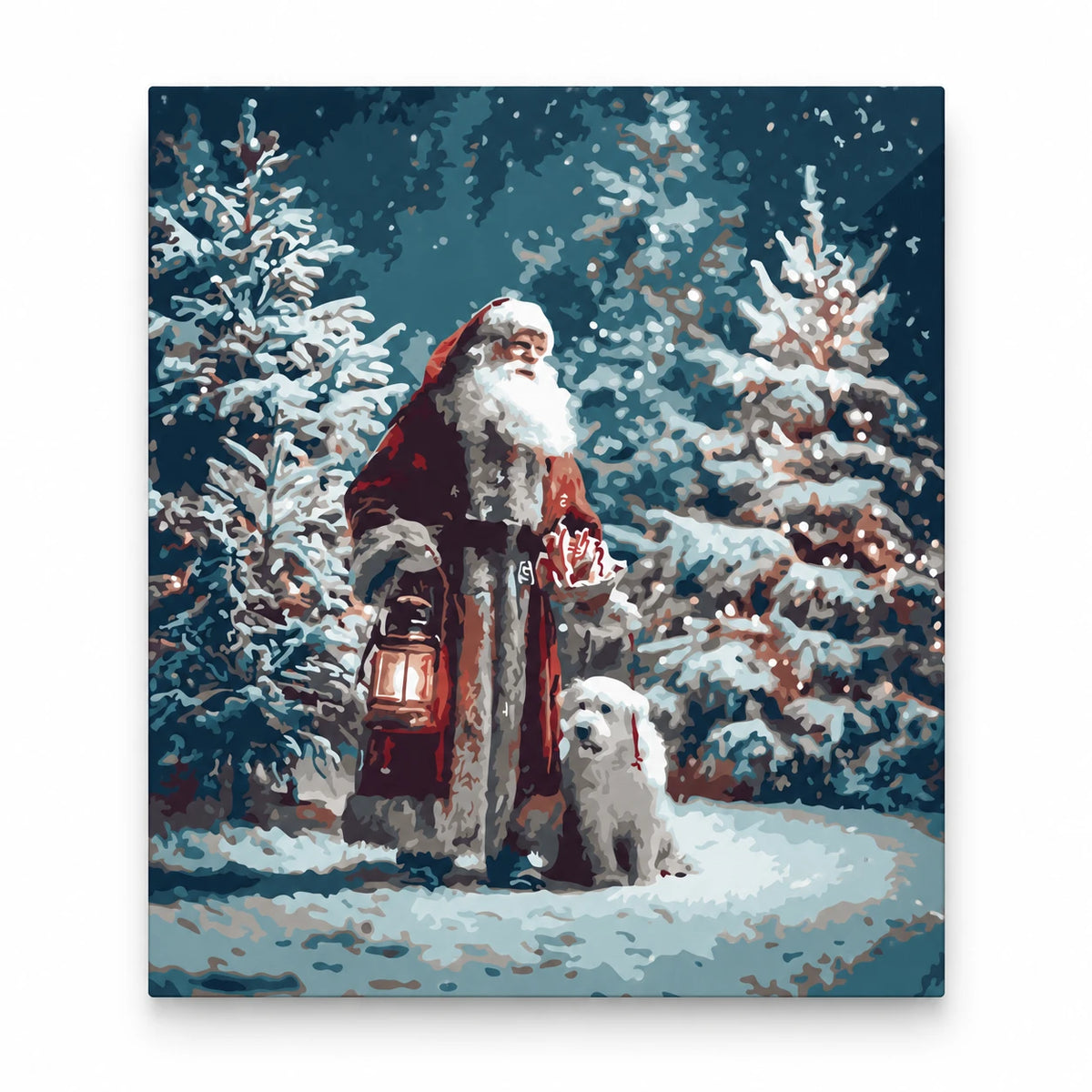 Santa and White Wolf in Snow paint by numbers artwork on a front-facing canvas against a white background