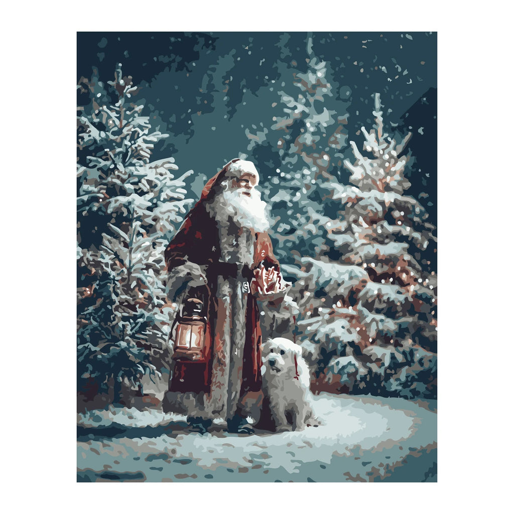 Santa and White Wolf in Snow completed artwork on a clean white background